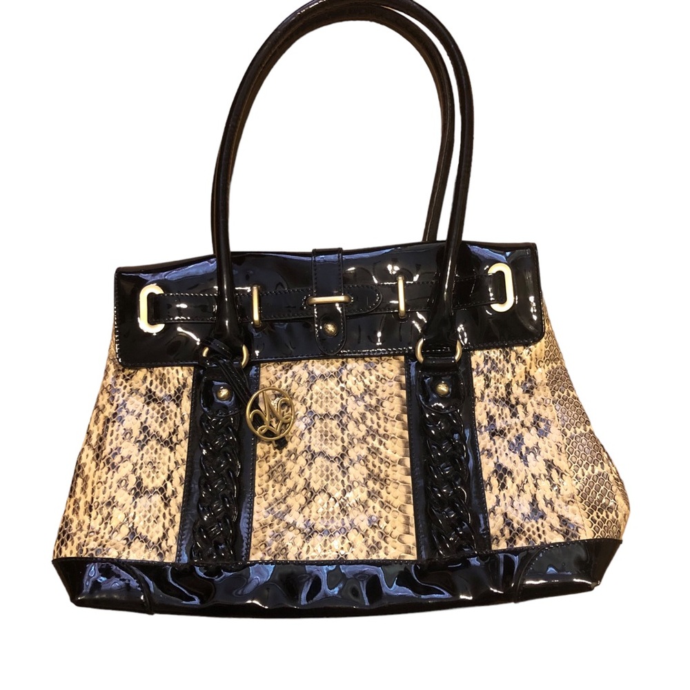 Johnston & Murphy Snakeskin Pattern & Patent Flap Front Purse NWOT